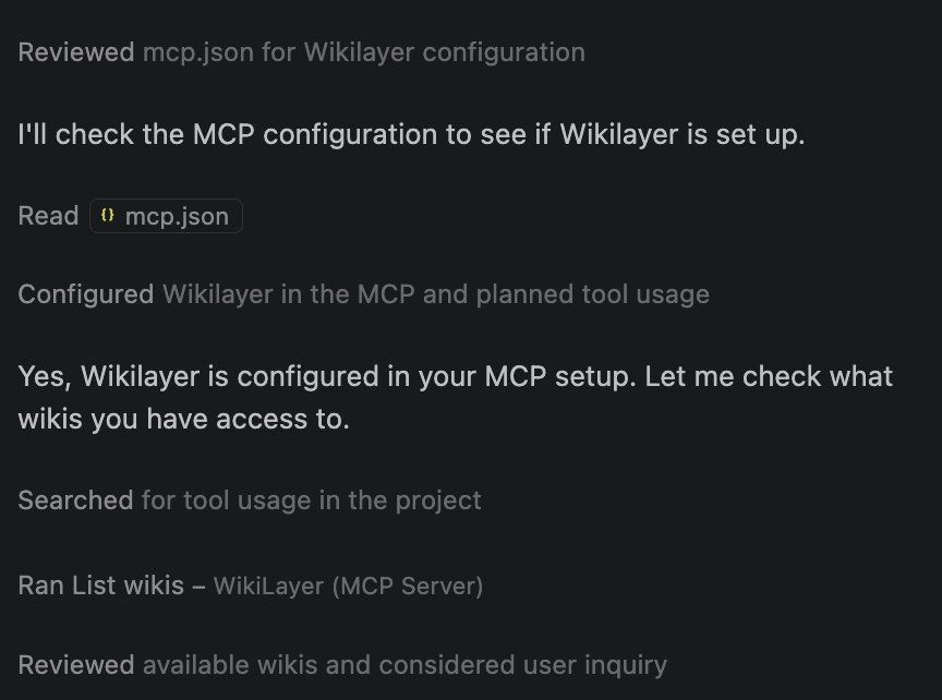 Copilot Chat calling the WikiLayer list wikis tool