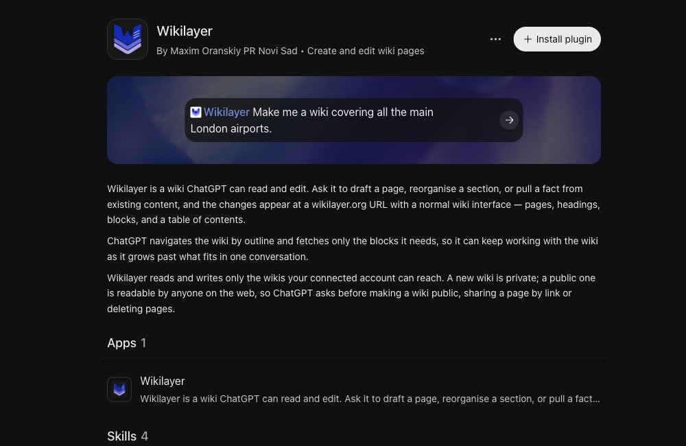 Wikilayer plugin details with the Install plugin button