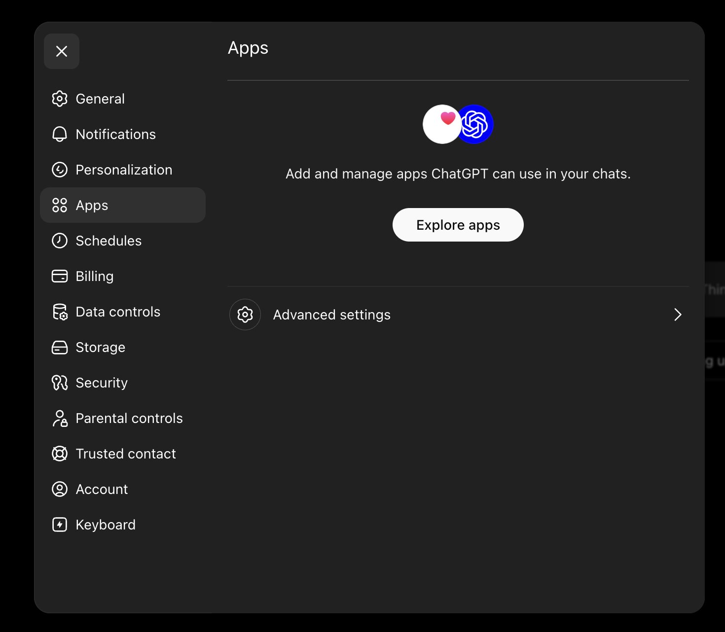 ChatGPT Settings → Apps, with Advanced settings