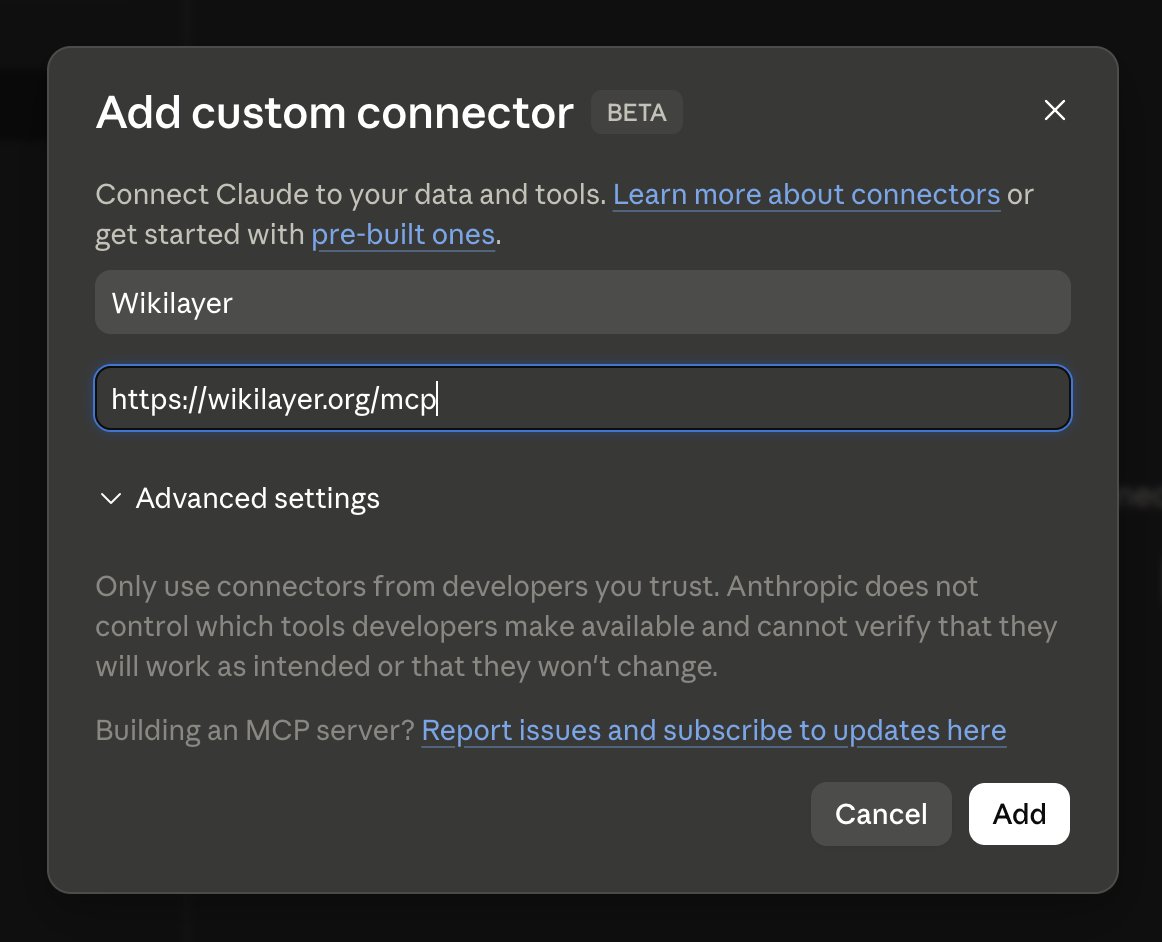 Add custom connector dialog with the Wikilayer MCP URL filled in