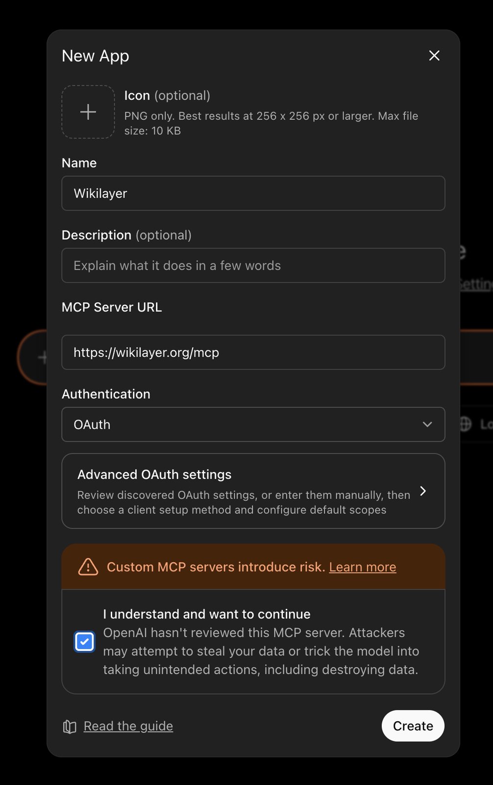 New App dialog: name, MCP Server URL, and OAuth authentication
