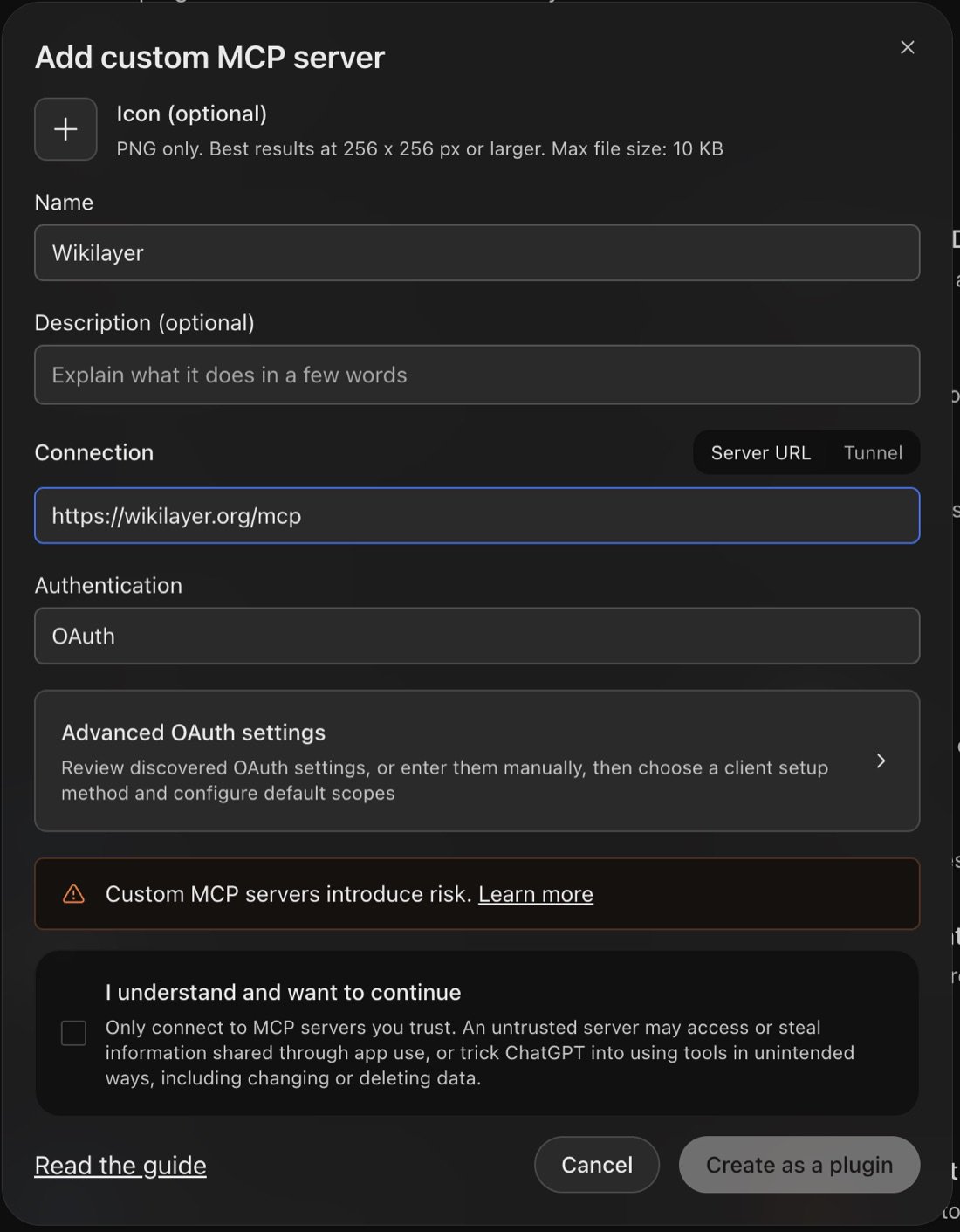 Add custom MCP server dialog with the name, the Wikilayer MCP URL and OAuth authentication