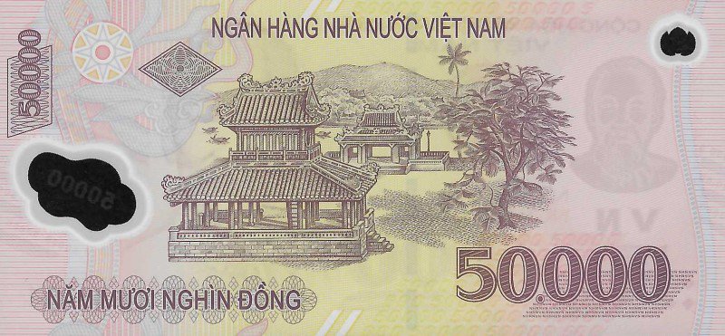 Reverse of the 50,000 đồng Vietnamese polymer banknote: detailed engraving of Phu Văn Lâu, the two-storey wooden pavilion with tiered roofs at Huế, set among palm trees and the hills of central Vietnam in the background, on a pink polymer ground