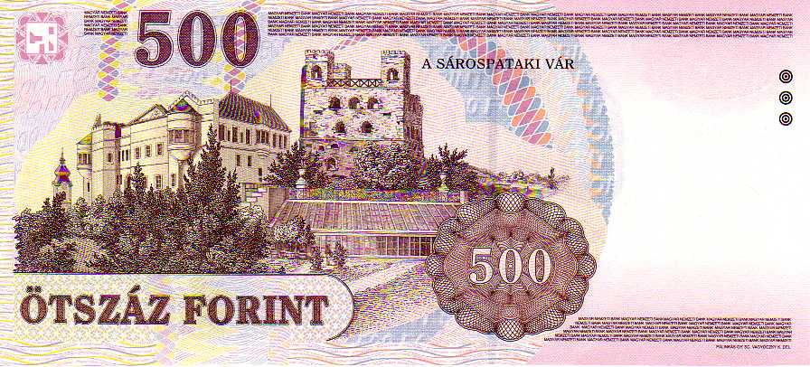 Reverse of the 500-forint Hungarian banknote, showing Sárospatak Castle