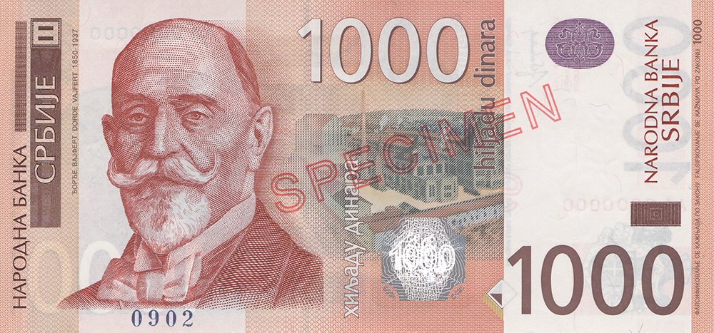 Obverse of the 1,000-dinar Serbian banknote, showing a portrait of Đorđe Vajfert with the outline of the Weifert Brewery