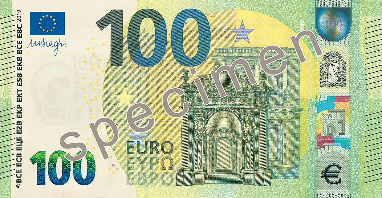 Obverse of the 100-euro banknote, Europa series, showing a baroque window with broken pediment