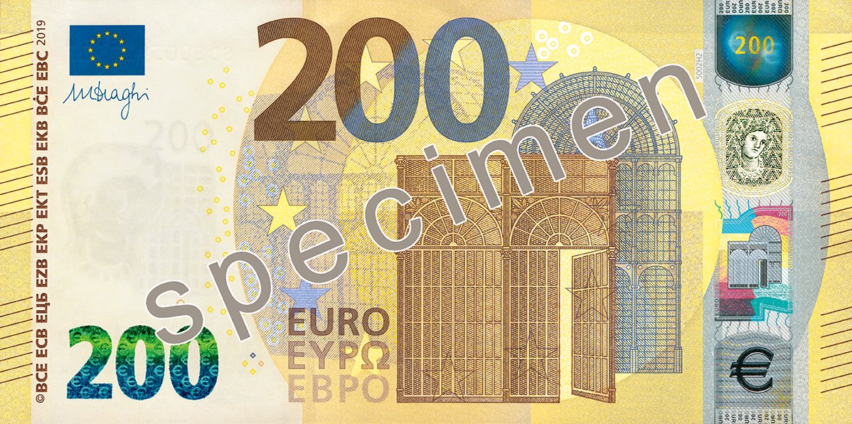 Obverse of the 200-euro banknote, Europa series, showing an Art Nouveau window with iron mullions