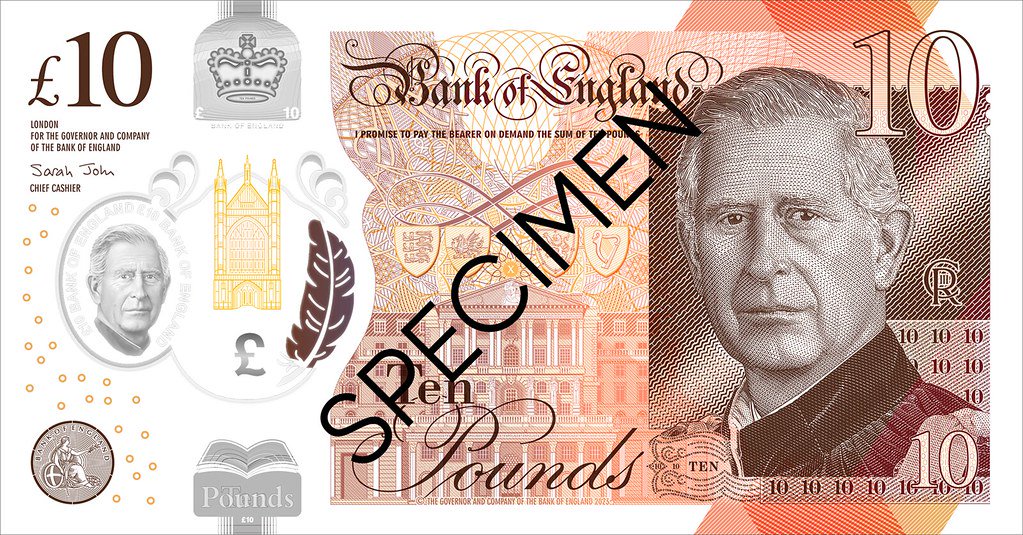 Obverse of the Bank of England £10, Series G, with the portrait of King Charles III
