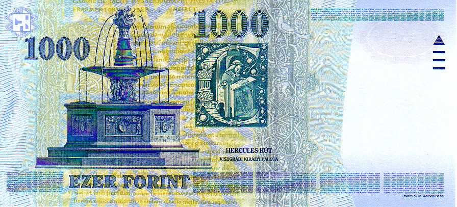Reverse of the 1000-forint Hungarian banknote, showing the Hercules Fountain