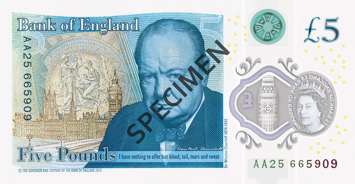 Reverse of the Bank of England £5, Series G, with Winston Churchill