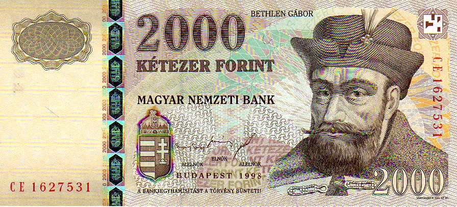 Obverse of the 2000-forint Hungarian banknote, showing a portrait of Gábor Bethlen