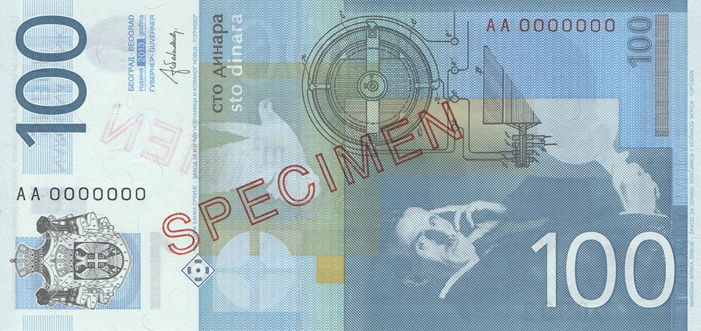 Reverse of the 100-dinar Serbian banknote, showing Tesla, his alternating-current induction motor and a white pigeon