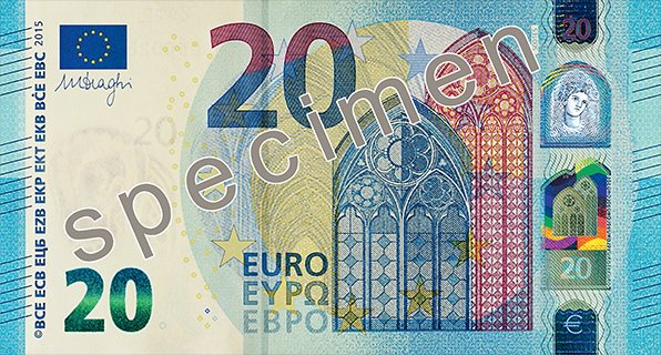 Obverse of the 20-euro banknote, Europa series, showing a Gothic pointed-arch window with tracery