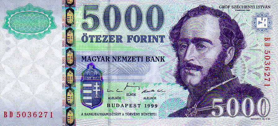 Obverse of the 5000-forint Hungarian banknote, showing a portrait of Count István Széchenyi