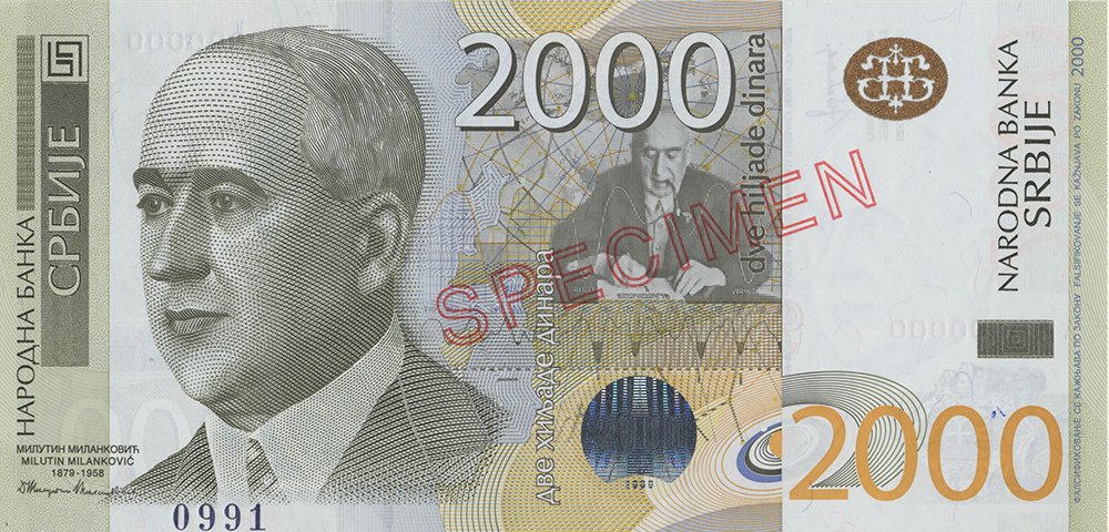 Obverse of the 2,000-dinar Serbian banknote, showing a portrait of Milutin Milanković at his work desk
