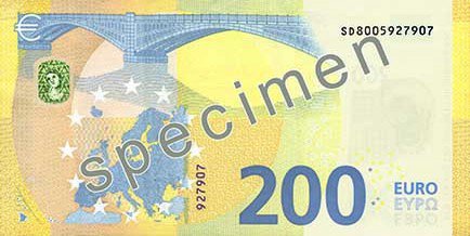 Reverse of the 200-euro banknote, Europa series, showing an iron arch bridge and the map of Europe