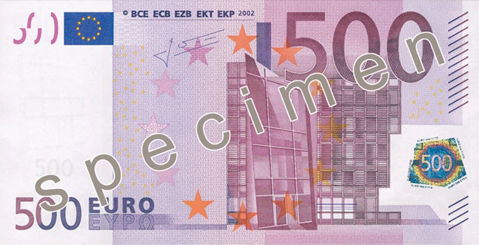 Obverse of the 500-euro banknote, first series, showing a stylised modernist window