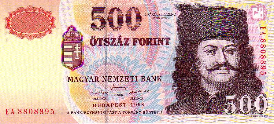 Obverse of the 500-forint Hungarian banknote, showing a portrait of Ferenc II Rákóczi