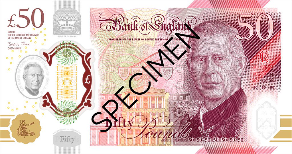 Obverse of the Bank of England £50, Series G, with the portrait of King Charles III