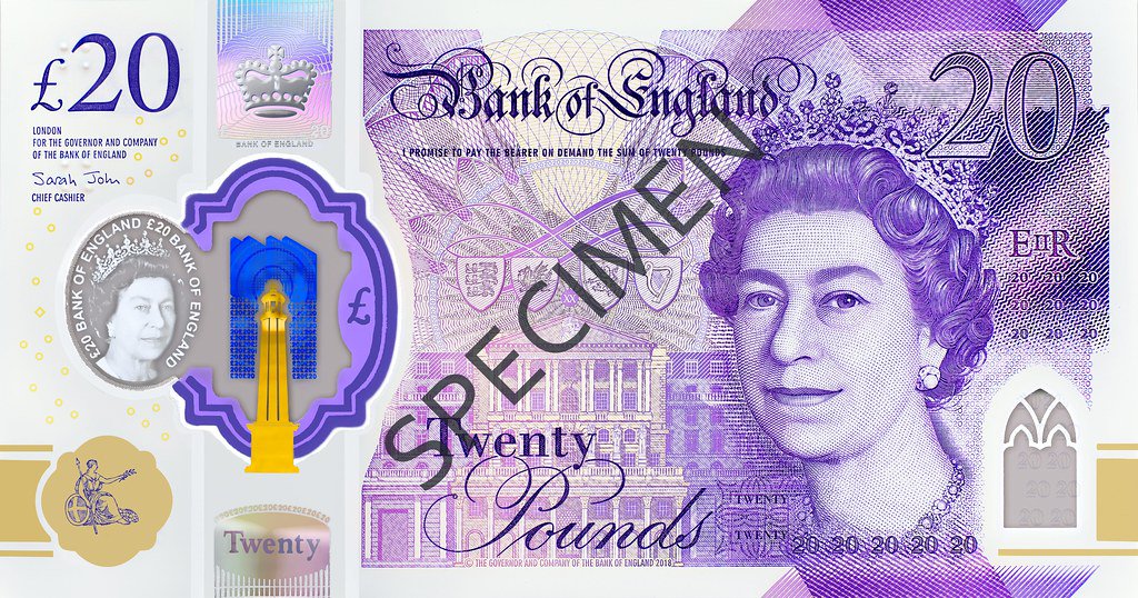 Obverse of the Bank of England £20, Series G, with the portrait of Queen Elizabeth II