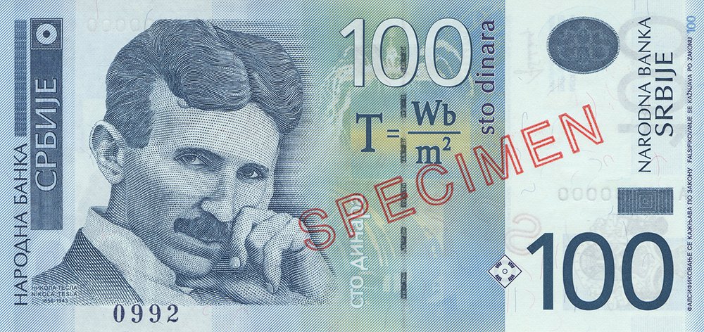 Obverse of the 100-dinar Serbian banknote, showing a portrait of Nikola Tesla against an electric discharge