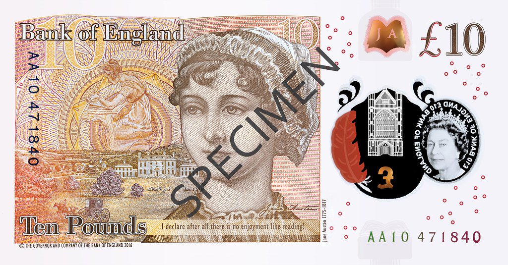 Reverse of the Bank of England £10, Series G, with Jane Austen