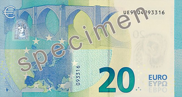 Reverse of the 20-euro banknote, Europa series, showing a Gothic bridge of pointed arches and the map of Europe