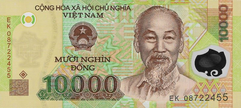 Obverse of the 10,000 đồng Vietnamese polymer banknote: engraved portrait of Hồ Chí Minh, State Emblem of Vietnam in green, denomination "10000" and the legend "MƯỜI NGHÌN ĐỒNG" in dark brown on a yellow-green polymer ground, with a clear transparent window at the left containing an embedded numeral, watermark portrait of Hồ Chí Minh visible at the upper-left ghost, serial EK 08722455