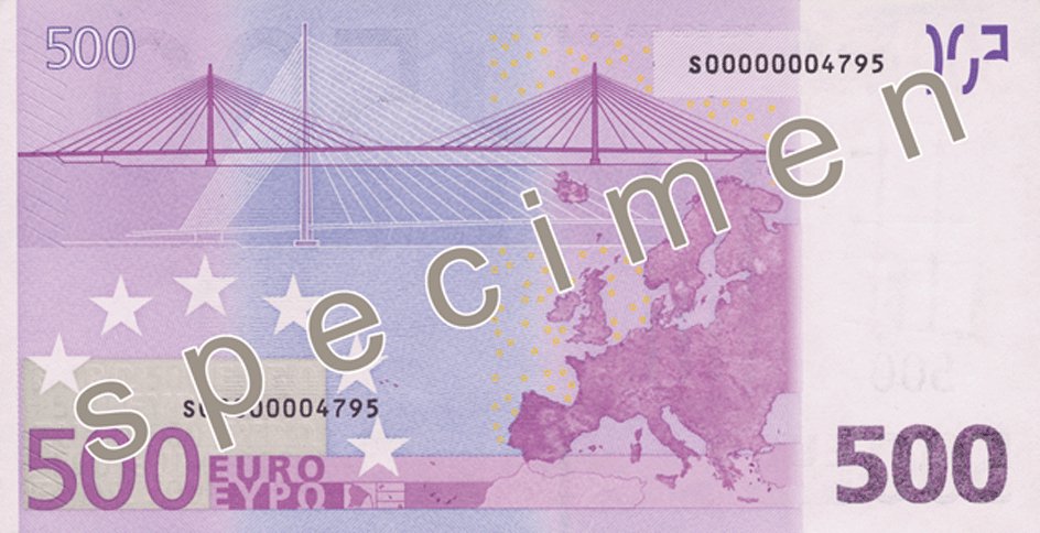 Reverse of the 500-euro banknote, first series, showing a cable-stayed bridge and the map of Europe