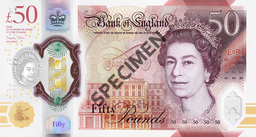 Obverse of the Bank of England £50, Series G, with the portrait of Queen Elizabeth II