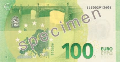 Reverse of the 100-euro banknote, Europa series, showing a baroque stone arch bridge and the map of Europe