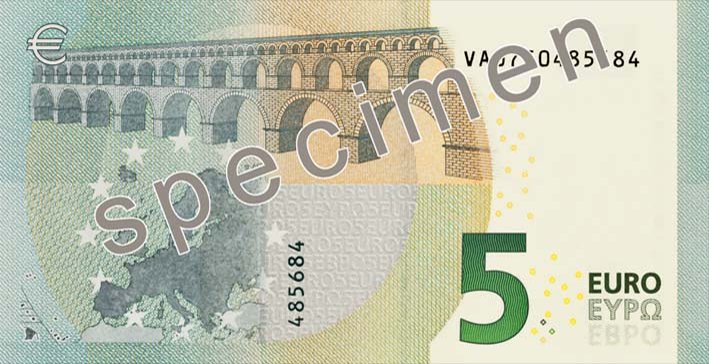 Reverse of the 5-euro banknote, Europa series, showing a Roman-style aqueduct and the map of Europe