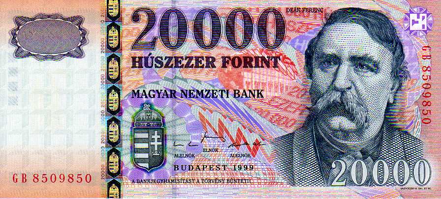 Obverse of the 20000-forint Hungarian banknote, showing a portrait of Ferenc Deák