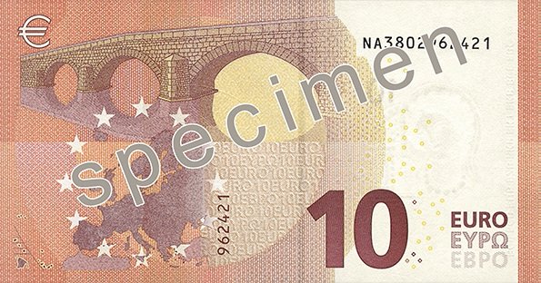 Reverse of the 10-euro banknote, Europa series, showing a Romanesque stone bridge and the map of Europe