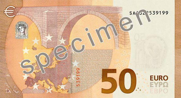 Reverse of the 50-euro banknote, Europa series, showing a Renaissance multi-arch stone bridge and the map of Europe