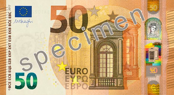 Obverse of the 50-euro banknote, Europa series, showing a Renaissance round-arched window with pilasters