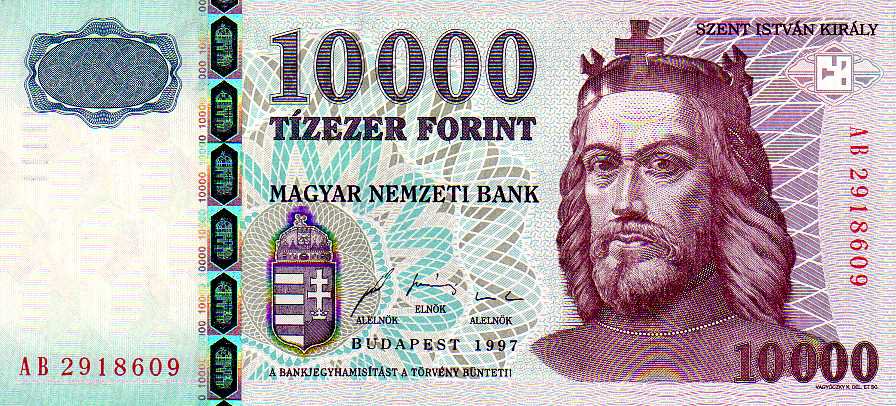Obverse of the 10000-forint Hungarian banknote, showing King Stephen I