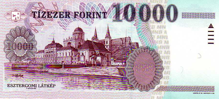 Reverse of the 10000-forint Hungarian banknote, showing a panoramic view of Esztergom