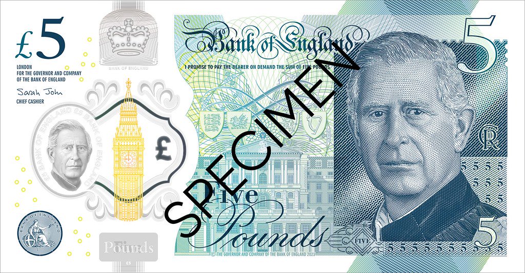 Obverse of the Bank of England £5, Series G, with the portrait of King Charles III
