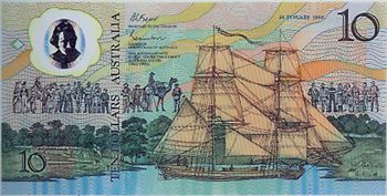 Obverse of the 1988 Australian $10 polymer commemorative banknote, with HMS Supply and the settlement scene