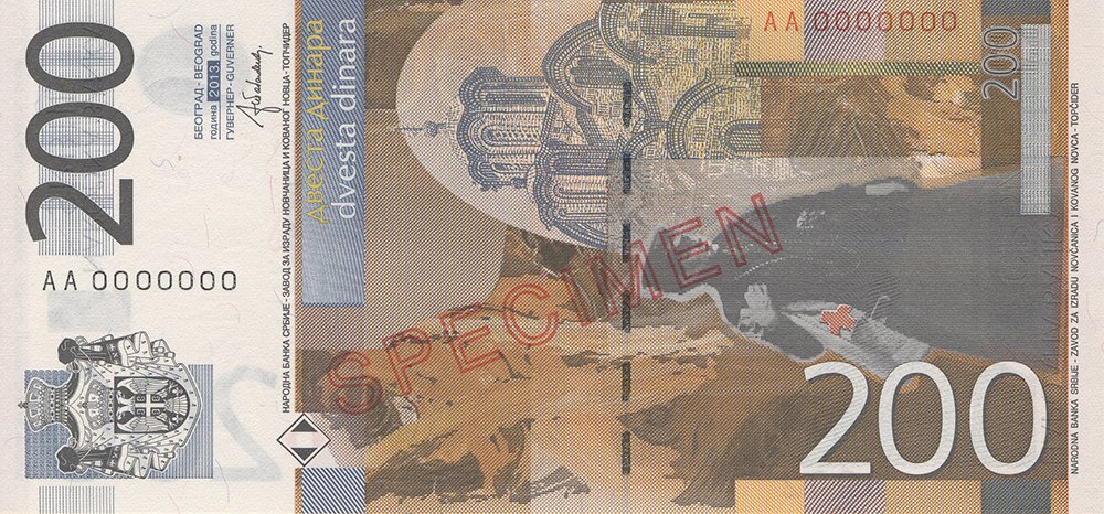 Reverse of the 200-dinar Serbian banknote, showing Petrović in nurse's uniform with a sketch of Gračanica Monastery and a detail from her painting