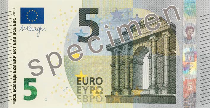 Obverse of the 5-euro banknote, Europa series, showing a stylised classical gateway