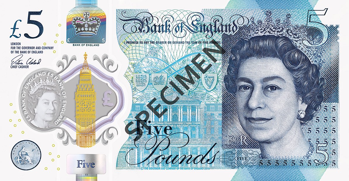 Obverse of the Bank of England £5, Series G, with the portrait of Queen Elizabeth II