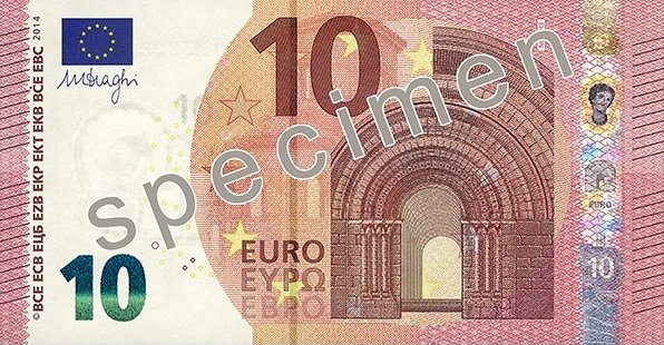 Obverse of the 10-euro banknote, Europa series, showing a Romanesque portal