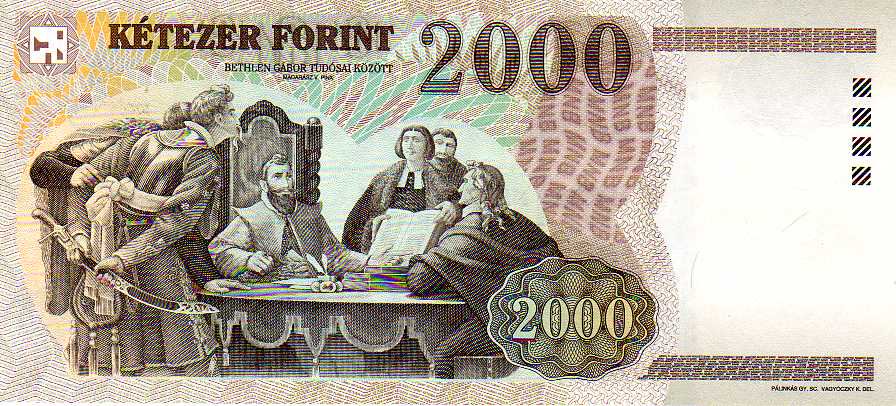 Reverse of the 2000-forint Hungarian banknote, showing Bethlen with his scholars