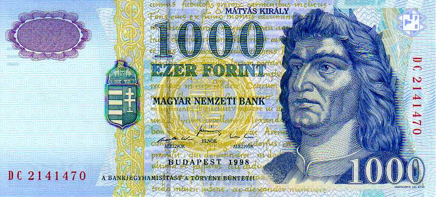 Obverse of the 1000-forint Hungarian banknote, showing a portrait of King Matthias Corvinus